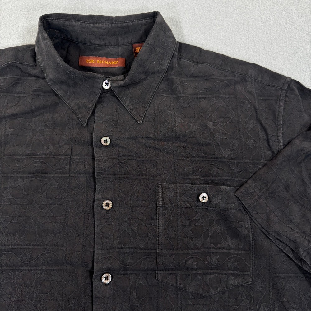 Tori Richard Mens XL Black 100% Silk Jacquard Aloha Short Sleeve Button Down